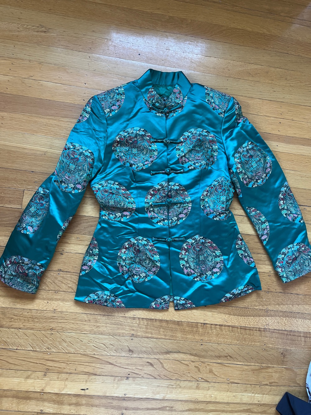 Green silk blend tang jacket chinese mandarin frog buttons dragons S bats